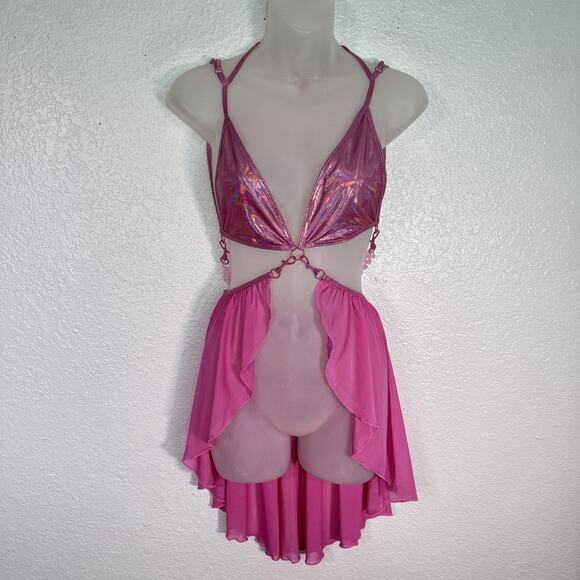 CLUBEXX Bra Top Womens XS Rave Festival Sheer Mesh Pink Holographic Dolls Kill - Picture 1 of 10